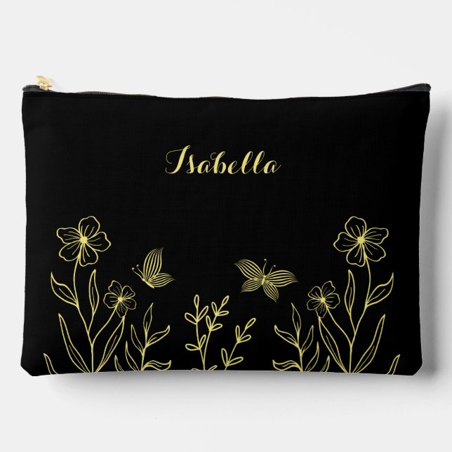 Einfache goldene Blume schwarz Zubehörtasche (Vorderseite)