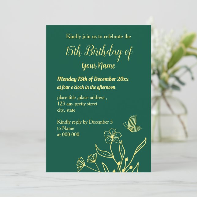 Einfache goldene Blume smaragdgrüner Geburtstag Einladung (Stehend Vorderseite)