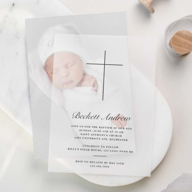 Einfache goldene Kreuz-Schrift-Taufe (Elegant, simple cross vellum baptism invitaitons.)