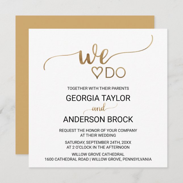 Einfache Goldkalligraphie "We Do" Square Wedding Einladung (Vorne/Hinten)