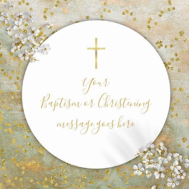 Einfache Goldkreuz-Weihnachtsbotschaft Runder Aufkleber (Simple Gold Cross Baptism Christening Message Classic Round Sticker)