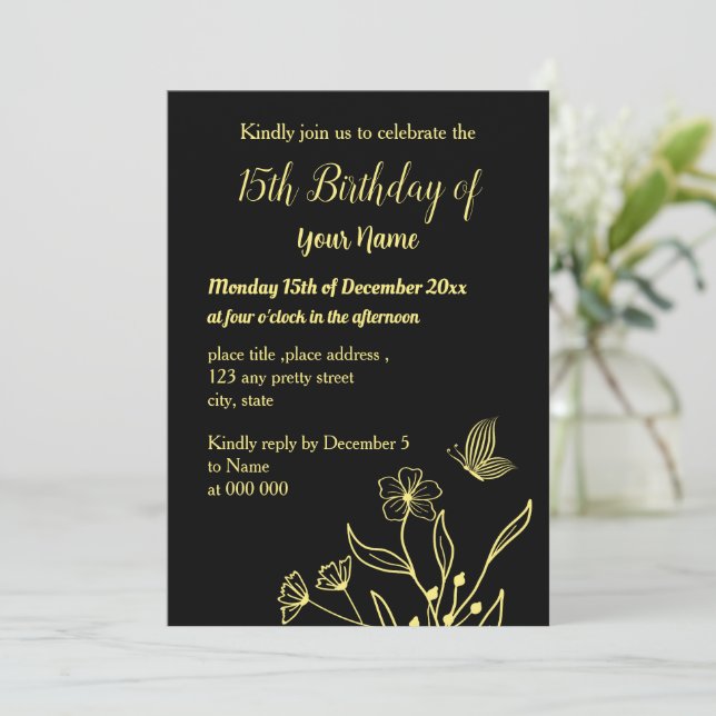 Einfache Goldschmetterlinge, schwarzer Geburtstag Einladung (Stehend Vorderseite)