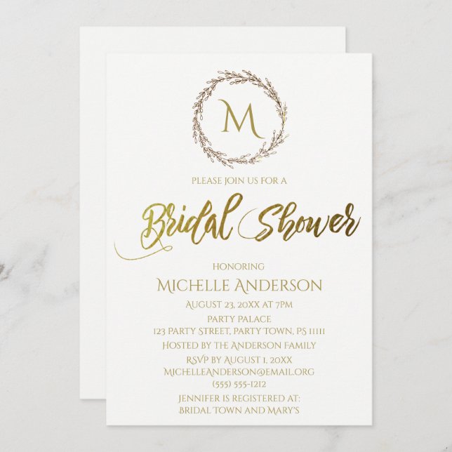 Einfache goldweiße Monogramm-Kleider Einladung (Vorne/Hinten)