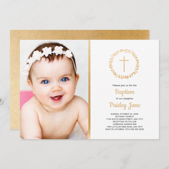 Einfache Goldwreathtaufe-Fotoeinladung Einladung (Vorne/Hinten)