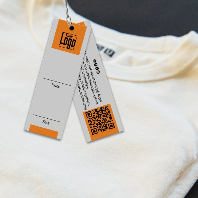 Einfache Graue Orange-Logo-QR-Kodierung Bekleidung (Simple Gray Orange Logo QR-Code Clothing Price Tag)