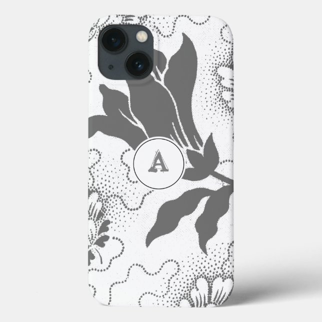Einfache, graue, weiße Blütendrucke mit Monogramm Case-Mate iPhone Hülle (Rückseite)