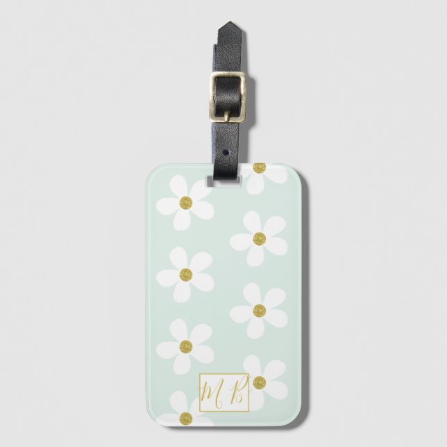 Einfache Green White Daisy Gold Monogram Travel Gepäckanhänger (Vorderseite Vertikal)