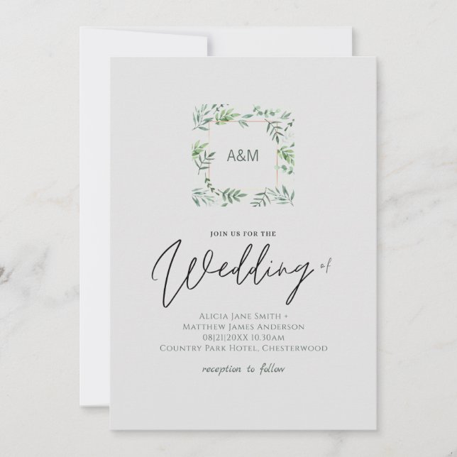 Einfache Greenery-Blätter Handwriting Style Weddin (Vorderseite)