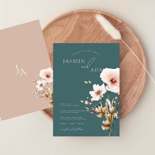 Einfache Grün-Rosa-Wildblumen Hochzeit Einladung