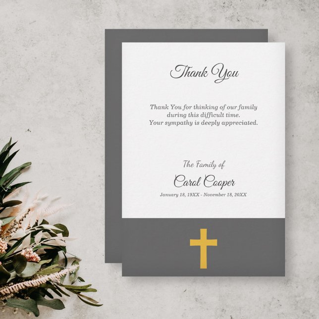 Einfache, grüne, goldene Kreuzung Dankeschön Karte (Simple, Green, Gold Cross Funeral Thank You Card)