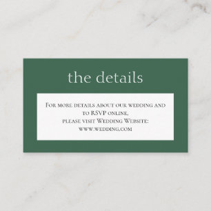 Einfache grüne klassische Hochzeit. Details. Websi Begleitkarte