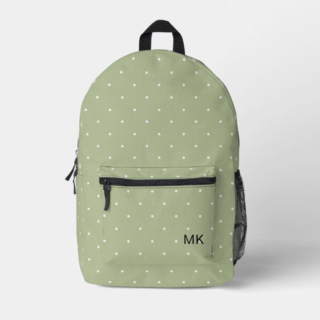 Einfache Grüne Polka Dot Monogram Initialen Bedruckter Rucksack (Vorderseite)