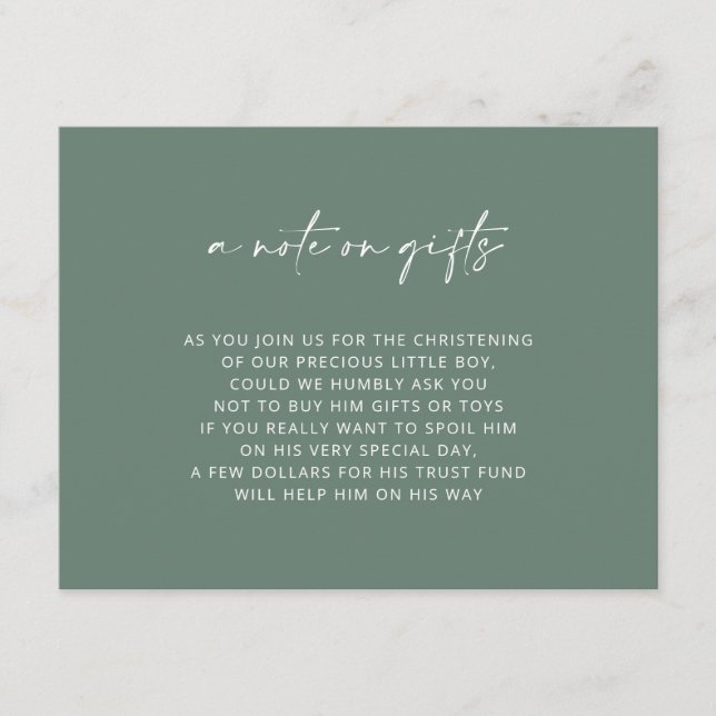 Einfache grüne Taufe, die sich eine gut umschließe Begleitkarte (Vorderseite)