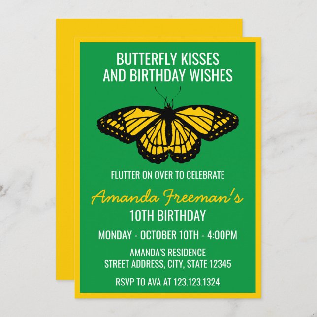 Einfache grüne und gelbe Schmetterlinge zum Geburt Einladung (Vorne/Hinten)
