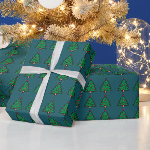 Einfache grüne Weihnachtsbäume in dunklem Türkis Geschenkpapier