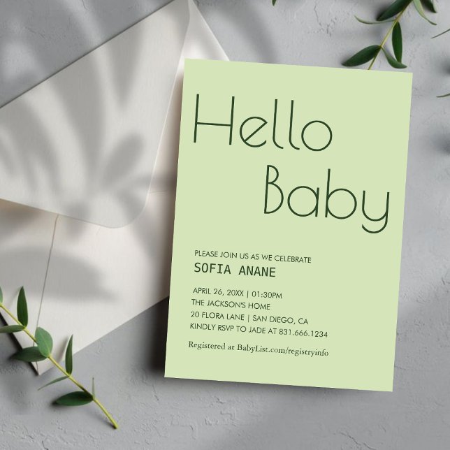 Einfache Hallo Baby Sage Green Gender Neutral Einladung (Von Creator hochgeladen)
