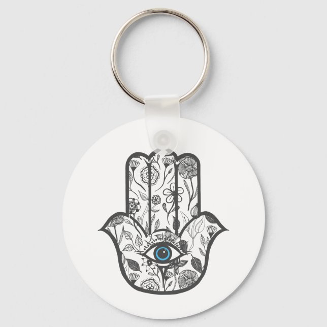 Einfache Hand gezeichnet Floral Hamsa Hand Schlüsselanhänger (Vorderseite)