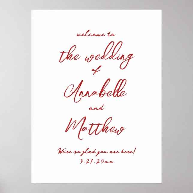 Einfache handgeschriebene Red Wedding Willkommensz Poster (Vorne)