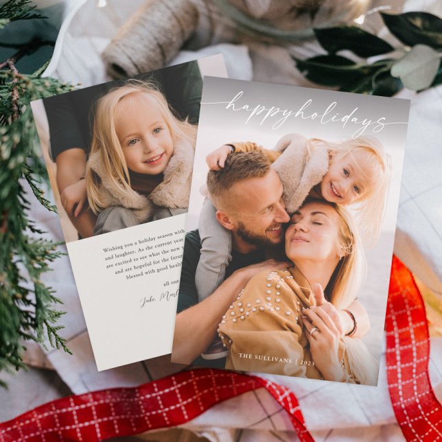 Einfache handgeschriebene Script-Foto Weihnachten (Minimal happy holidays photo holiday card with handwritten overlay typography and coordinating back.)