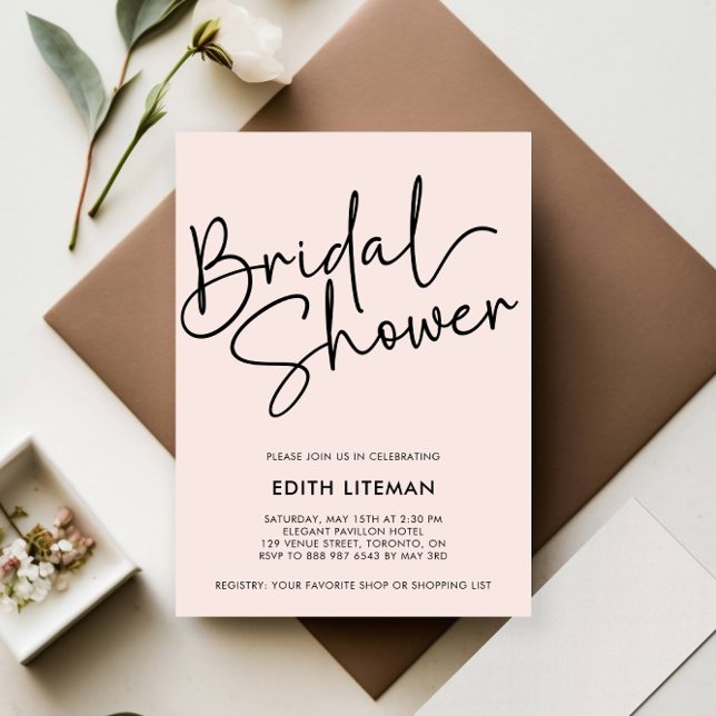 Einfache handgeschriebene Skripte Elegante Rosa Br Einladung (HANDWRITTEN CALLIGRAPHY SCRIPT MODER BRIDAL SHOWER PARTY INVITATION BLACK AND BLUSH PINK)