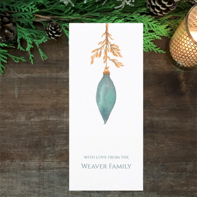 Einfache handgestrichene Wasserfarbe Türkis Weihna (Hand painted watercolor turquoise botanical Christmas bauble card. Personalize simple modern script)