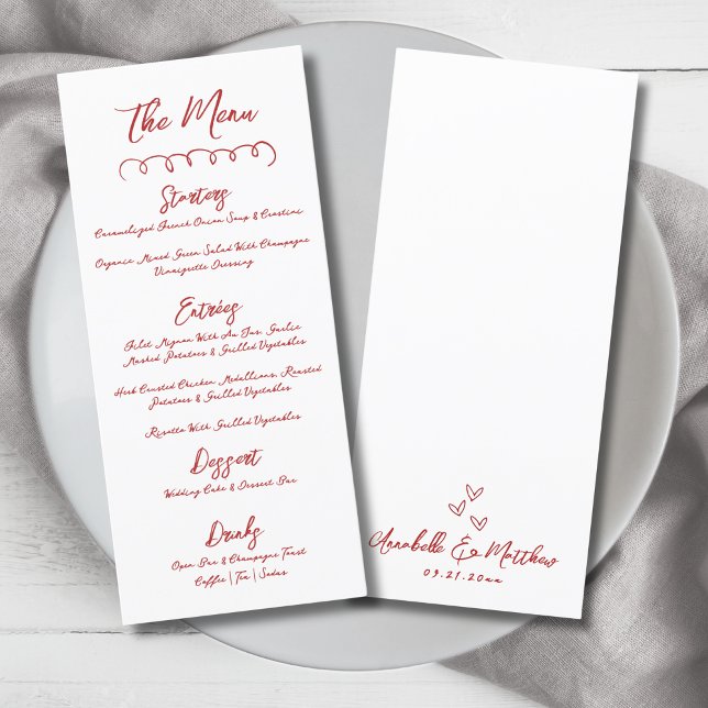Einfache handgezeichnete, weißliche Hochzeit Menükarte (Simple Hand Draw Red Whimsical Wedding Menu)