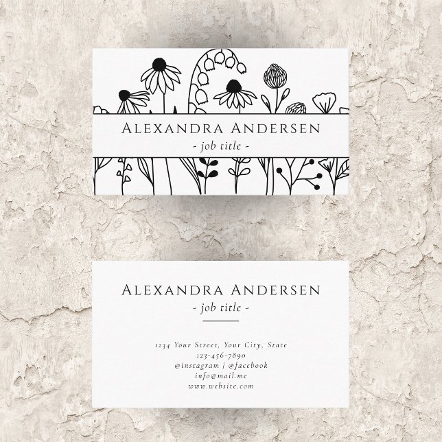 Einfache handgezeichnete Wildblumen Minimalistisch Visitenkarte (Simple Hand Drawn Wildflowers Minimalist Floral Business Card)