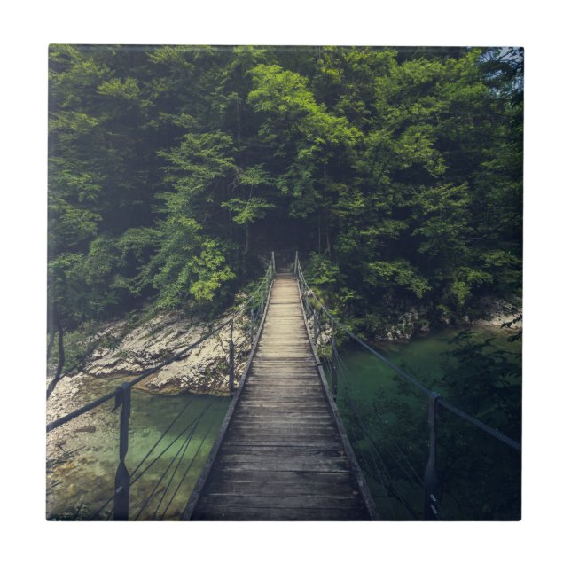 Einfache Hängebrücke über den Fluss Idrijca, Slove Fliese (Vorderseite)