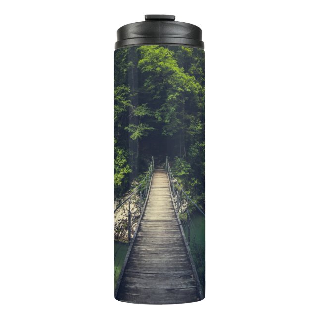 Einfache Hängebrücke über den Fluss Idrijca, Slove Thermosbecher (Vorderseite)