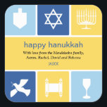 Einfache Hanukkah Icons Sticker<br><div class="desc">Dieser Aufkleber verwendet die Symbole von Hanukkah, um warme Wünsche zu vermitteln. Die hellen Blau- und Goldfarben umschließen die Ikonen eines dreidel-, menorah- und kiddush-Tasse, um unter anderem Ihre Nachricht zu rahmen. Gut als Umschlag Aufkleber oder zum Beibehalten an Urlaubspaketen oder Geschenken. Erhältlich in alternativen Farben mit passenden Produkten. com...</div>
