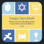 Einfache Hanukkah Icons Sticker<br><div class="desc">Dieser Aufkleber verwendet die Symbole von Hanukkah, um warme Wünsche zu vermitteln. Die hellen Blau- und Goldfarben umschließen die Ikonen eines dreidel-, menorah- und kiddush-Tasse, um unter anderem Ihre Nachricht zu rahmen. Gut als Umschlag Aufkleber oder zum Beibehalten an Urlaubspaketen oder Geschenken. Erhältlich in alternativen Farben mit passenden Produkten. com...</div>
