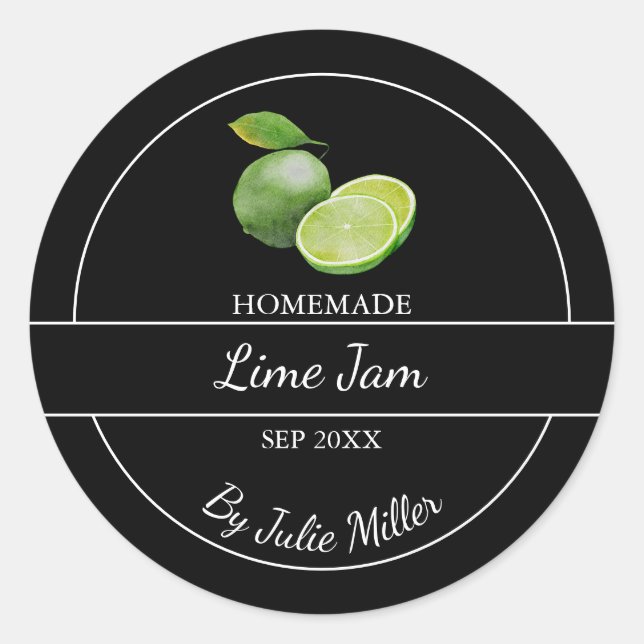 Einfache, hausgemachte Limone Jam-Label | Schwarz Runder Aufkleber (Vorderseite)