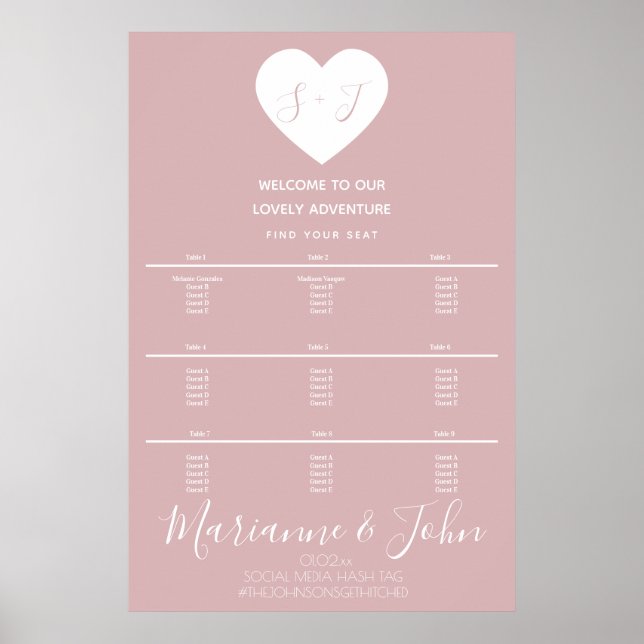 Einfache Heart Pink-Hochzeitskizze Poster (Vorne)