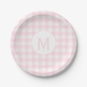 Einfache, hellrosa Gingham Monogramm Pappteller