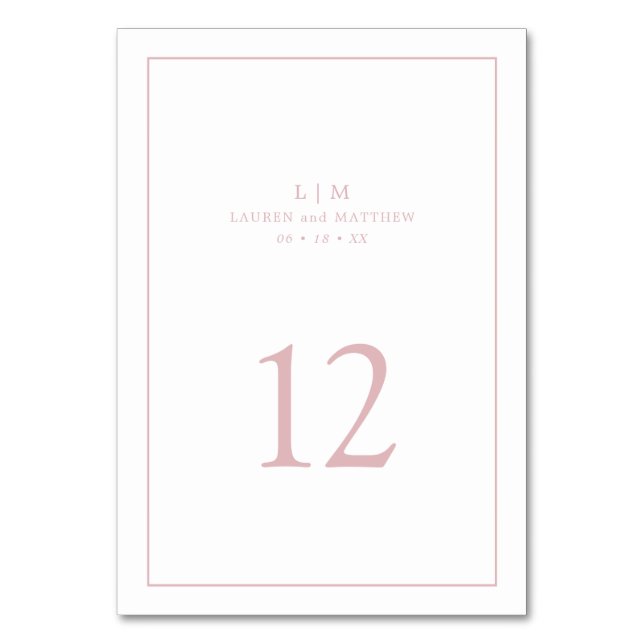 Einfache hellrosa Monogram Elegant Wedding Tischnummer (Vorderseite)