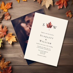 Einfache Herbstleaf-Creme Monogram-Foto Hochzeit Einladung