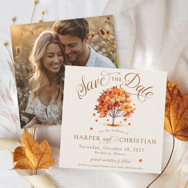 Einfache Herbstleaf Tree Beige Foto Herbsthochzeit Save The Date (Elegant modern script beige watercolor fall leaf tree simple square photo wedding save the date)