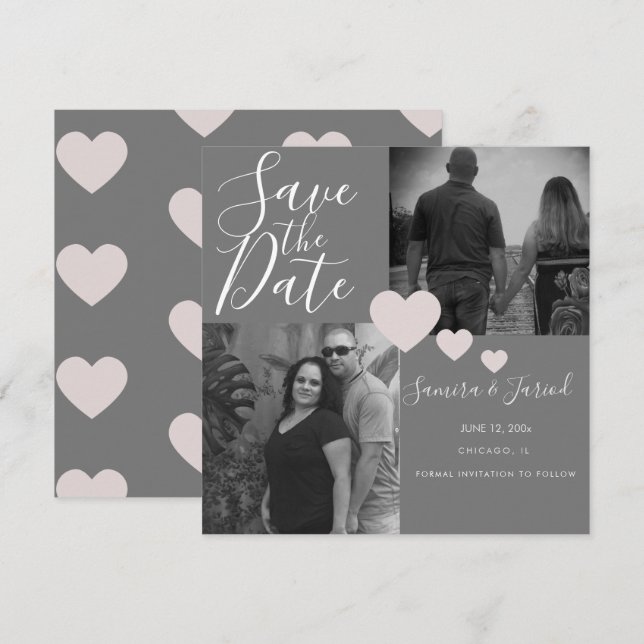 Einfache Herz-Pink-Grau Foto Collage Card (Vorne/Hinten)