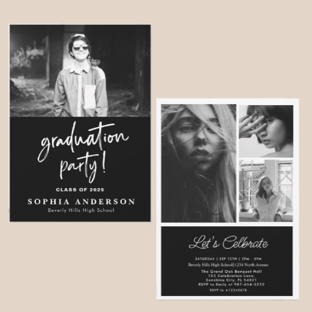 Einfache High School Card Schwarz/Weiß Einladung (Von Creator hochgeladen)