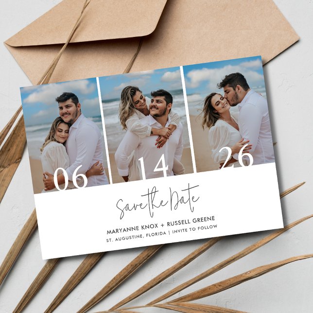 Einfache Hochzeit am Strand mit drei Fotos Save The Date (Simple Three Photo Beach Wedding Save The Date)