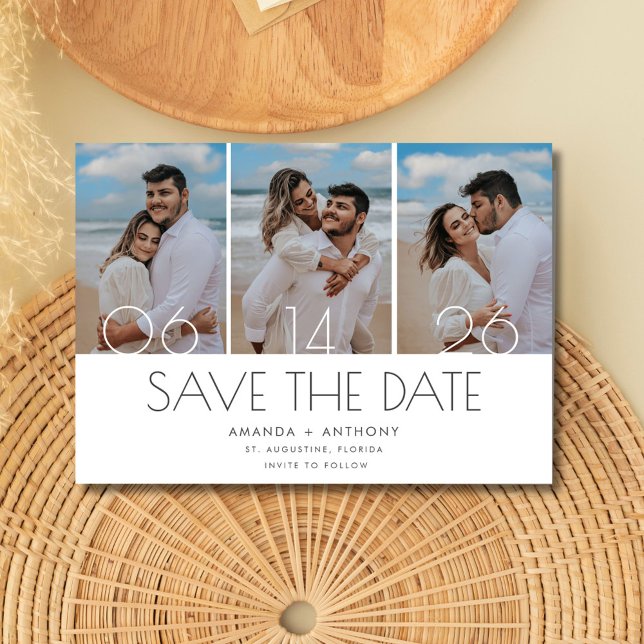 Einfache Hochzeit am Strand mit drei Fotos Save The Date (Simple Three Photo Beach Wedding Save The Date)