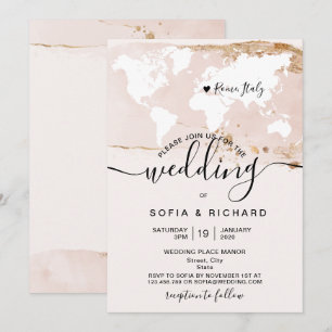 Einfache Hochzeit am Traumort Weltkarte Aquarell Einladung