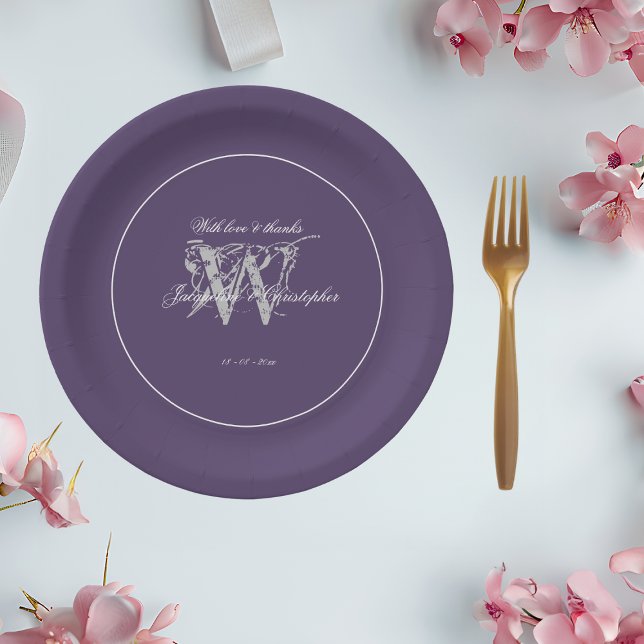 Einfache Hochzeit Chic Dusty Lila Monogram Pappteller (For a Simple Elegant Wedding  - Dusty Purple Personalized Paper Plates)