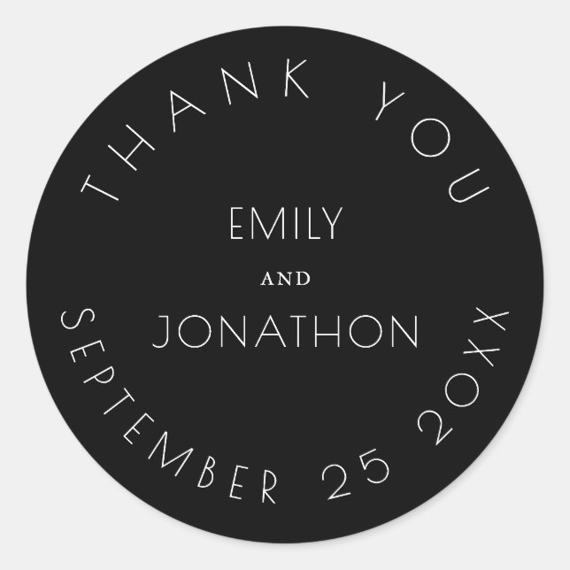 Einfache Hochzeit Dankeschön Namen Datum Schwarz-w Runder Aufkleber (Vorderseite)