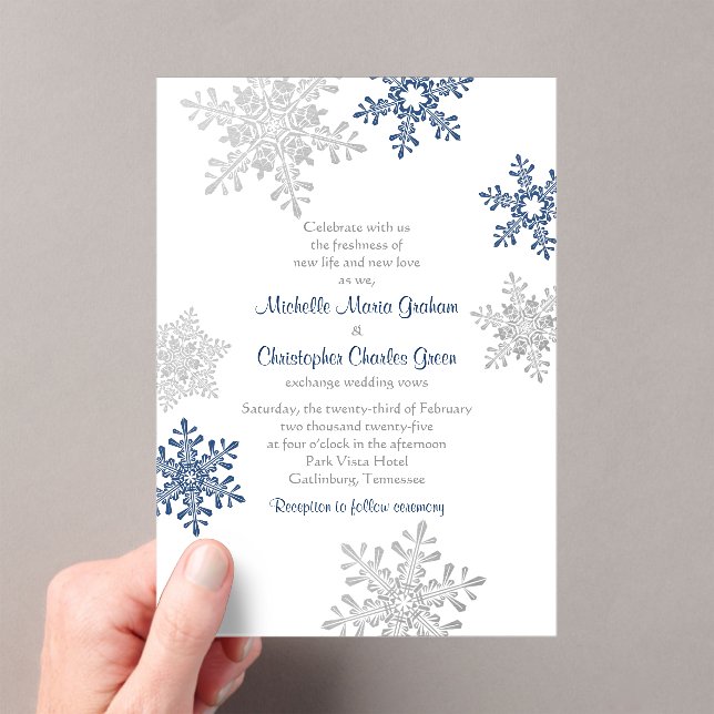 Einfache Hochzeit der Navy Blue Silver Snowflake Acryleinladungen (Insitu (Handheld))