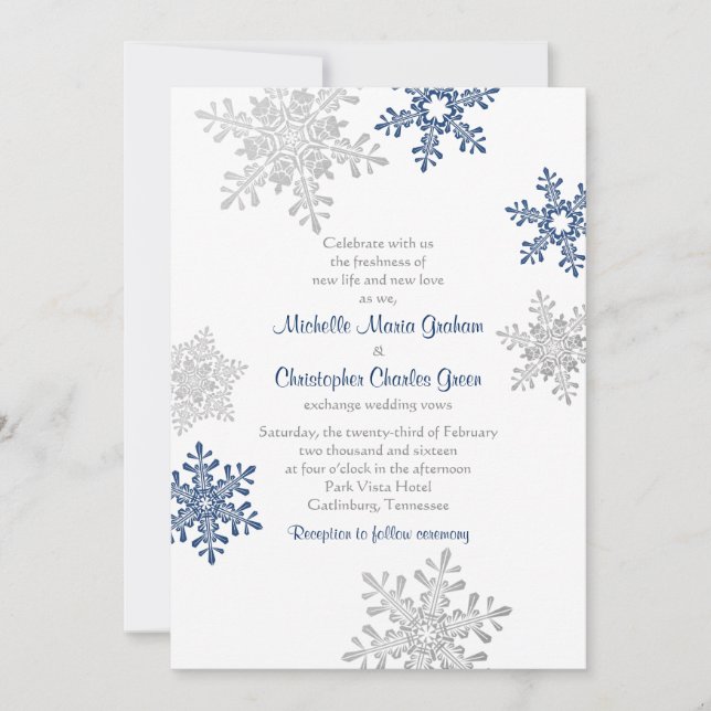 Einfache Hochzeit der Navy Blue Silver Snowflake Einladung (Vorderseite)
