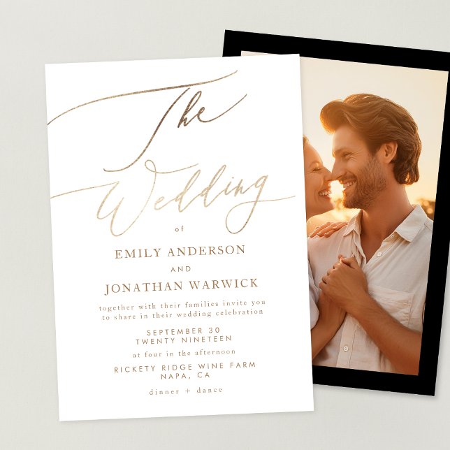 Einfache Hochzeit des Fotos mit moderner Goldkalli Einladung (Von Creator hochgeladen)