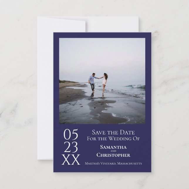 Einfache Hochzeit des Navy Blue Modernes Minimalis Save The Date (Vorderseite)