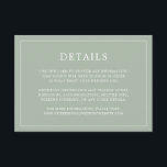 Einfache Hochzeit Green Monogram Elegant Wedding Begleitkarte<br><div class="desc">Einfache Hochzeitszimmerkarte mit modernem, aber elegantem Design mit Details, die von einem dünnen Rand umgeben sind. Der gesamte Text ist auf einem grünen Hintergrund weiß. Die Schriftart und Hintergrundfarben können durch Anklicken des Buttons "Anpassen" in beliebig viele Farben geändert werden. Ein elegantes und stilvolles Design, das sich ideal für ein...</div>