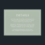 Einfache Hochzeit Green Monogram Elegant Wedding Begleitkarte<br><div class="desc">Einfache Hochzeitszimmerkarte mit modernem, aber elegantem Design mit Details, die von einem dünnen Rand umgeben sind. Der gesamte Text ist auf einem grünen Hintergrund weiß. Die Schriftart und Hintergrundfarben können durch Anklicken des Buttons "Anpassen" in beliebig viele Farben geändert werden. Ein elegantes und stilvolles Design, das sich ideal für ein...</div>